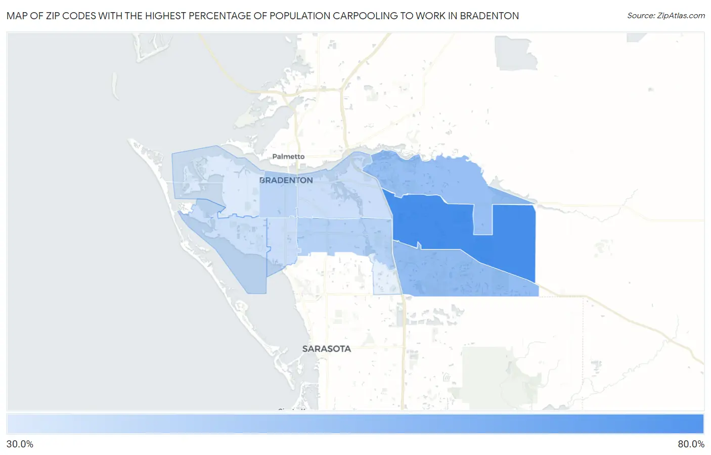 Zip Codes with the Highest Percentage of Population Carpooling to Work in Bradenton Map