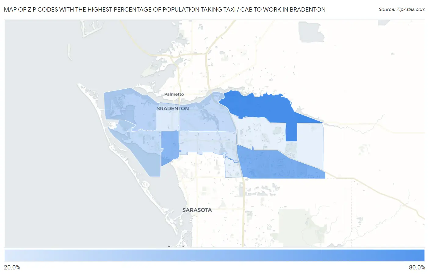 Zip Codes with the Highest Percentage of Population Taking Taxi / Cab to Work in Bradenton Map