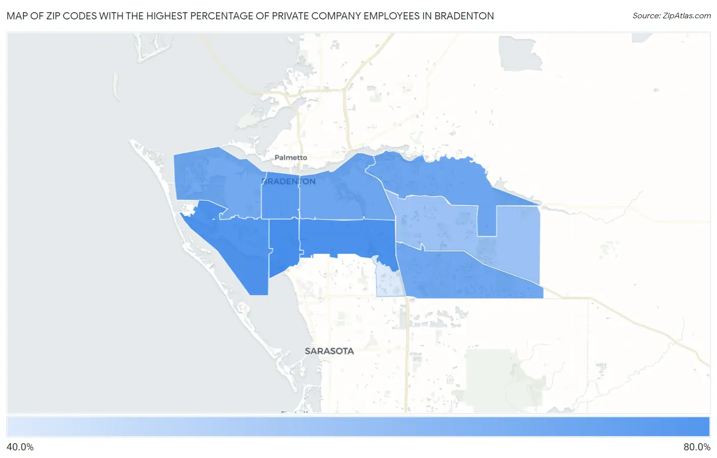 Zip Codes with the Highest Percentage of Private Company Employees in Bradenton Map