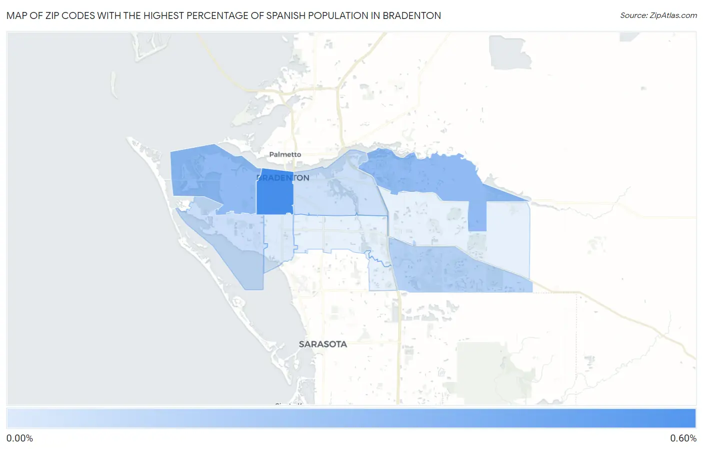 Zip Codes with the Highest Percentage of Spanish Population in Bradenton Map