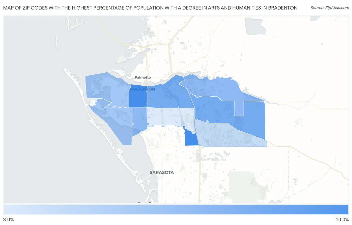 Zip Codes with the Highest Percentage of Population with a Degree in Arts and Humanities in Bradenton Map