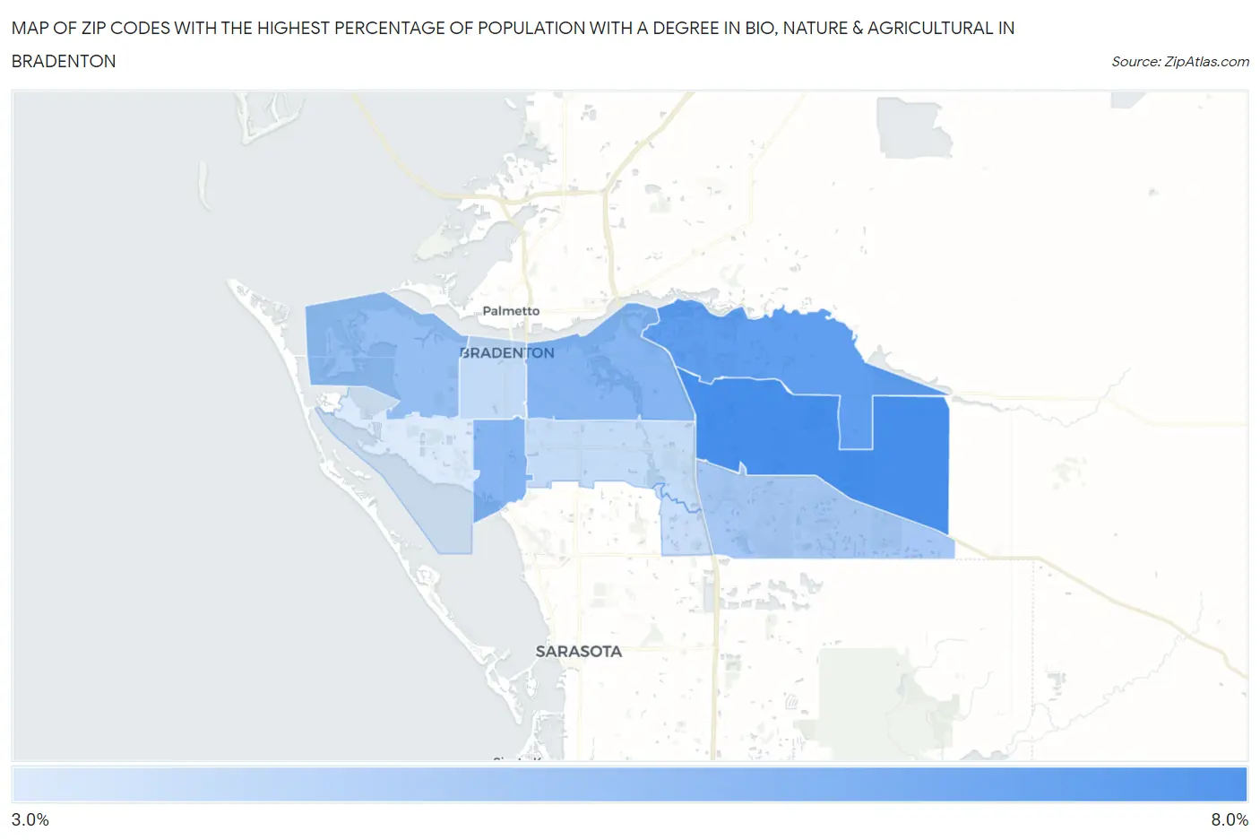 Zip Codes with the Highest Percentage of Population with a Degree in Bio, Nature & Agricultural in Bradenton Map