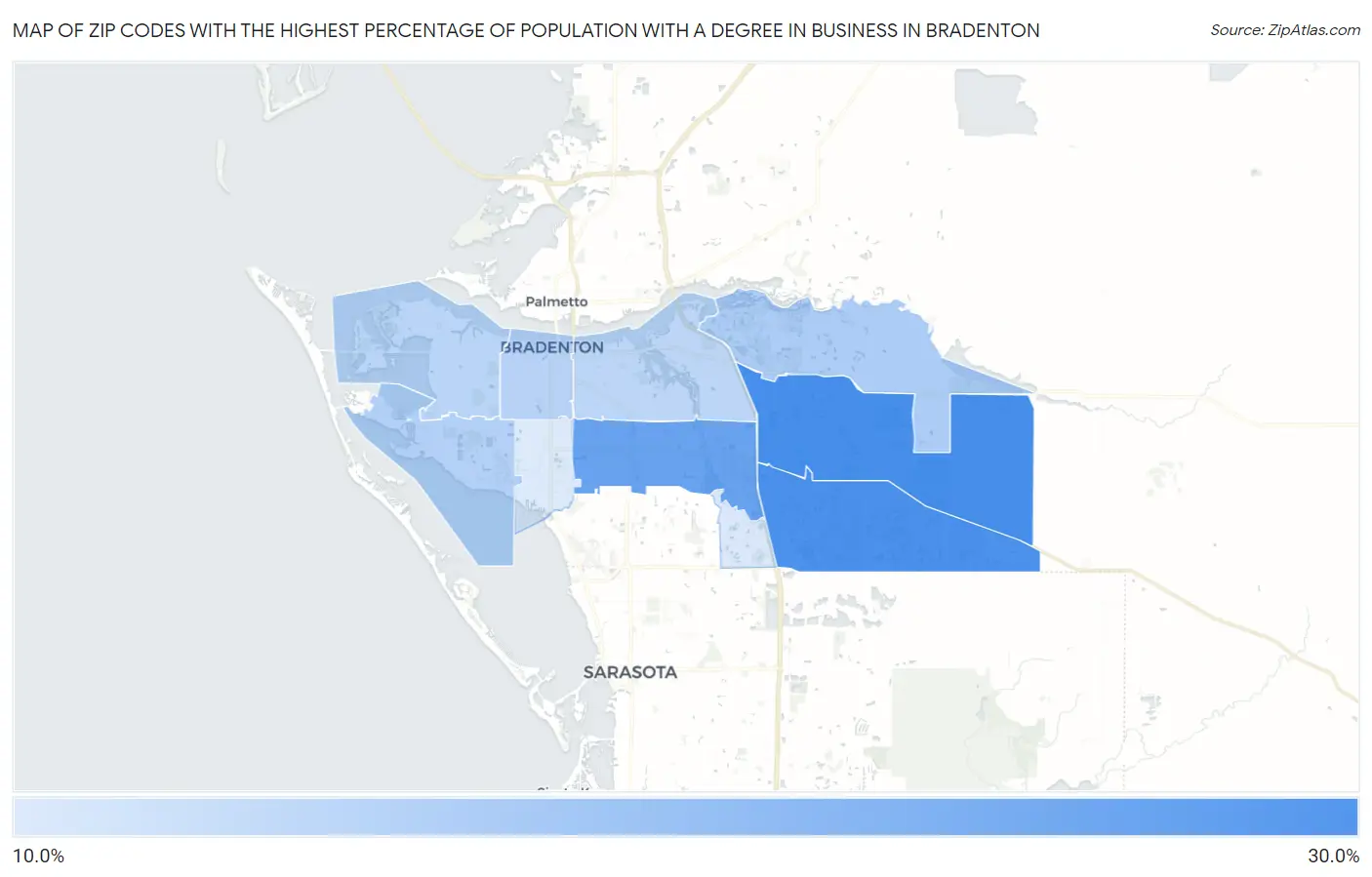 Zip Codes with the Highest Percentage of Population with a Degree in Business in Bradenton Map