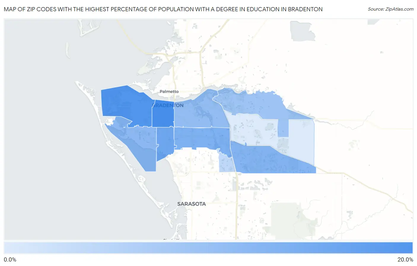 Zip Codes with the Highest Percentage of Population with a Degree in Education in Bradenton Map