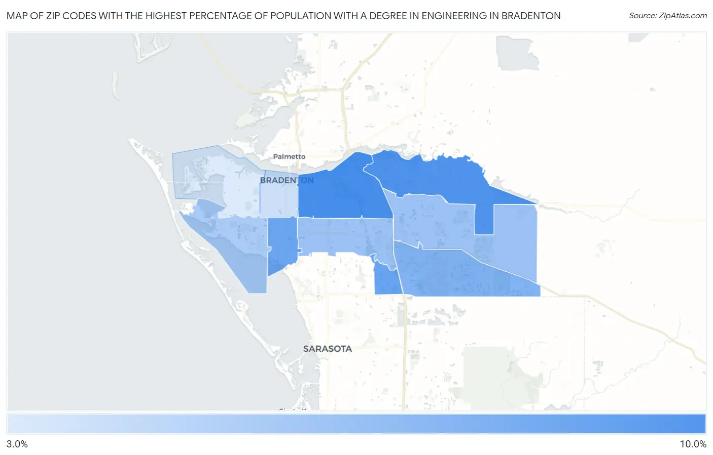 Zip Codes with the Highest Percentage of Population with a Degree in Engineering in Bradenton Map