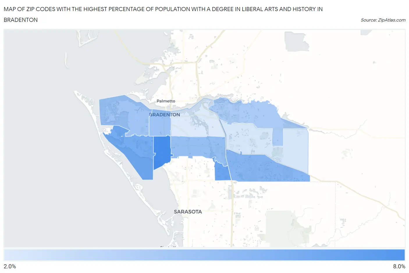 Zip Codes with the Highest Percentage of Population with a Degree in Liberal Arts and History in Bradenton Map
