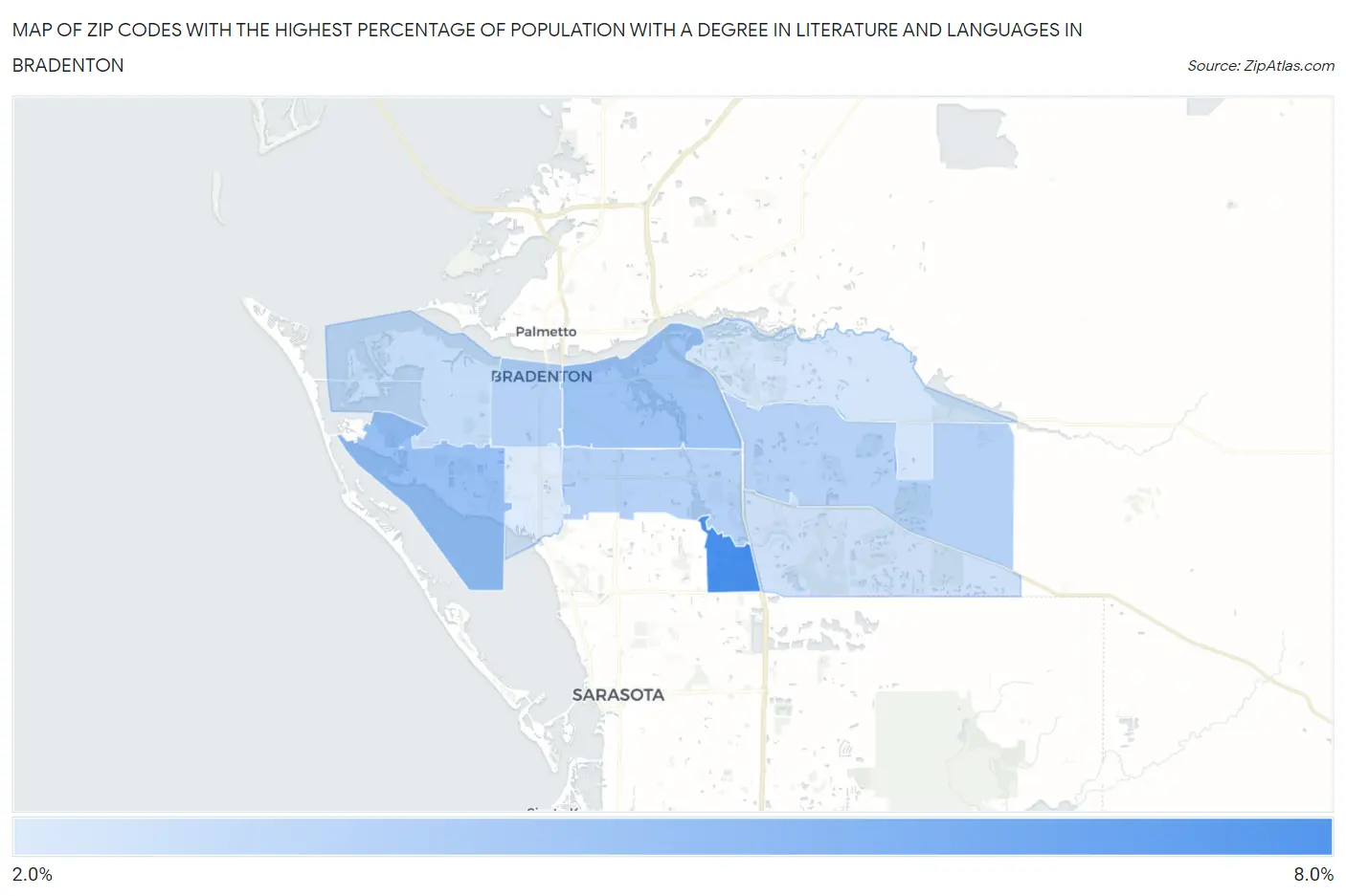 Zip Codes with the Highest Percentage of Population with a Degree in Literature and Languages in Bradenton Map