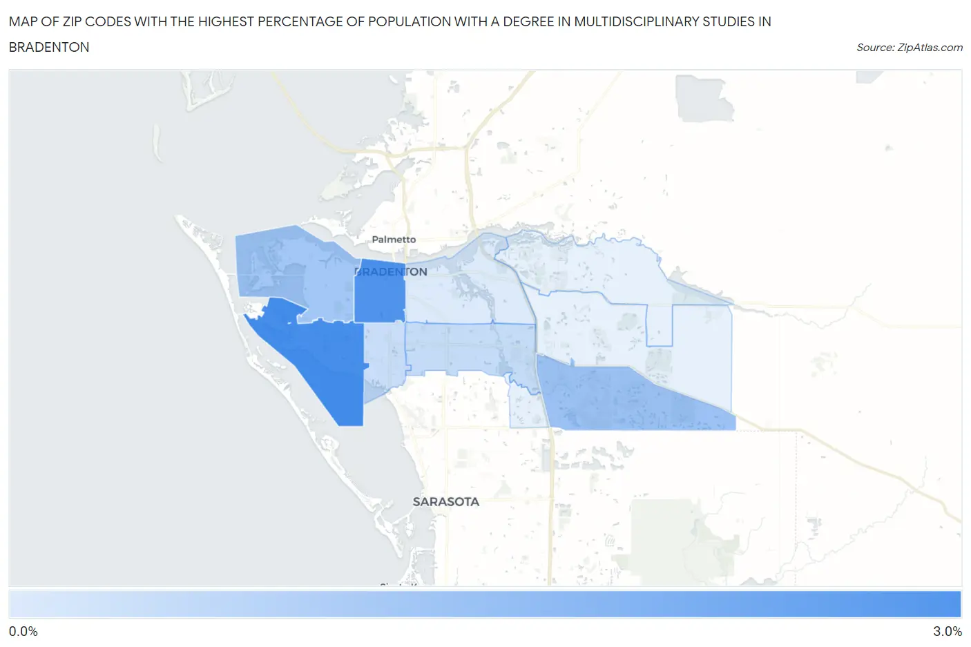 Zip Codes with the Highest Percentage of Population with a Degree in Multidisciplinary Studies in Bradenton Map