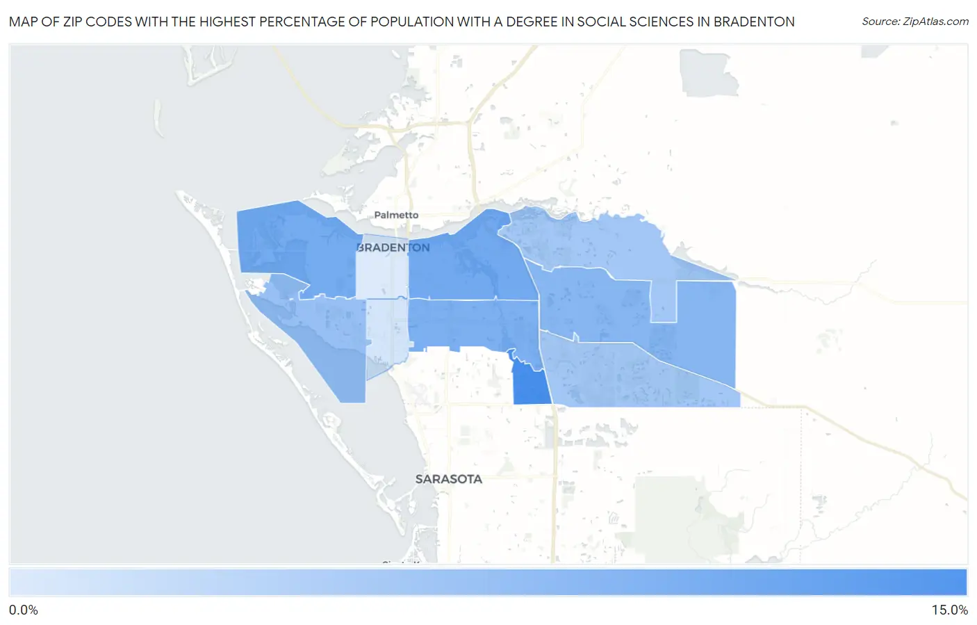 Zip Codes with the Highest Percentage of Population with a Degree in Social Sciences in Bradenton Map