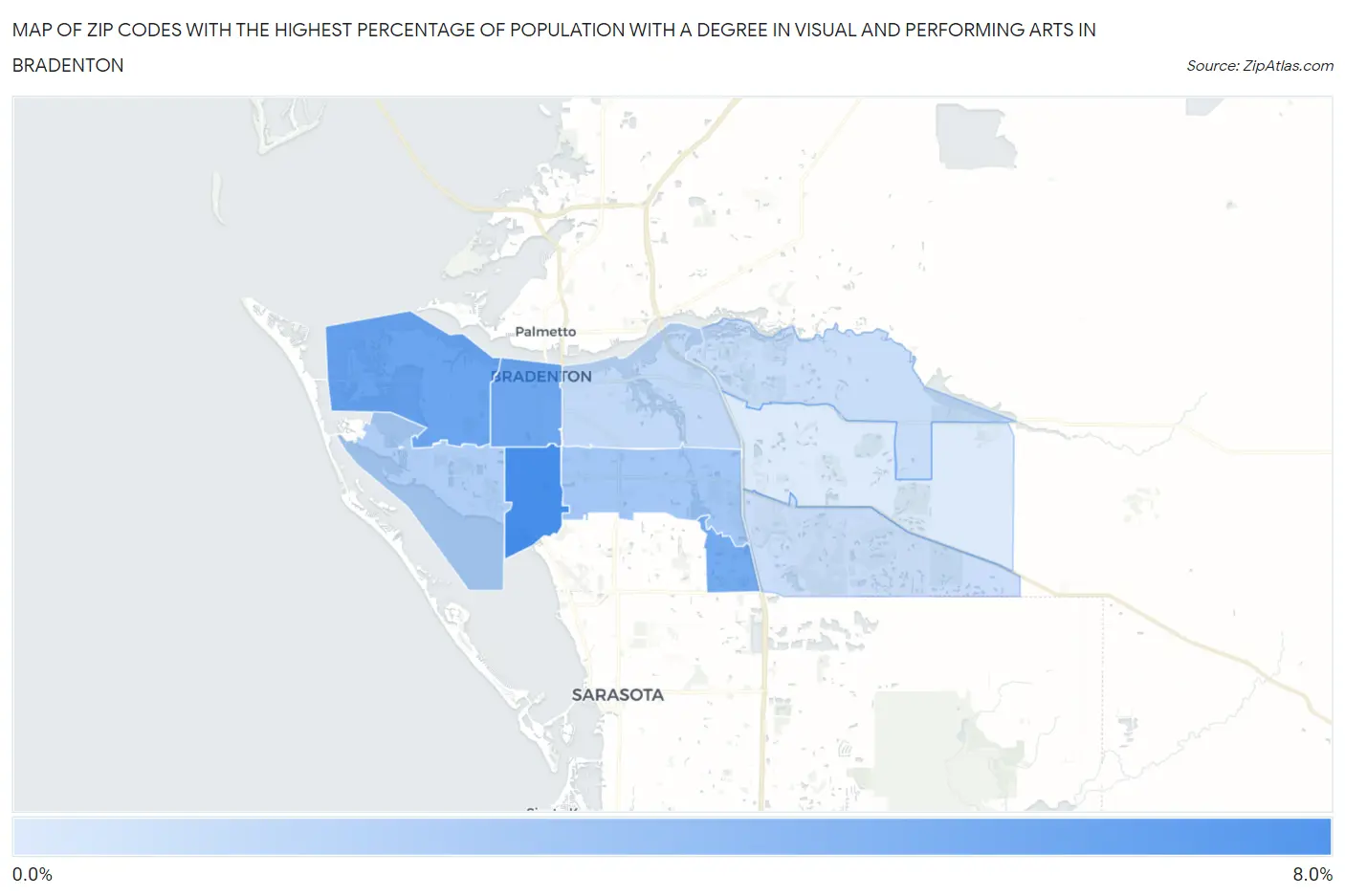 Zip Codes with the Highest Percentage of Population with a Degree in Visual and Performing Arts in Bradenton Map