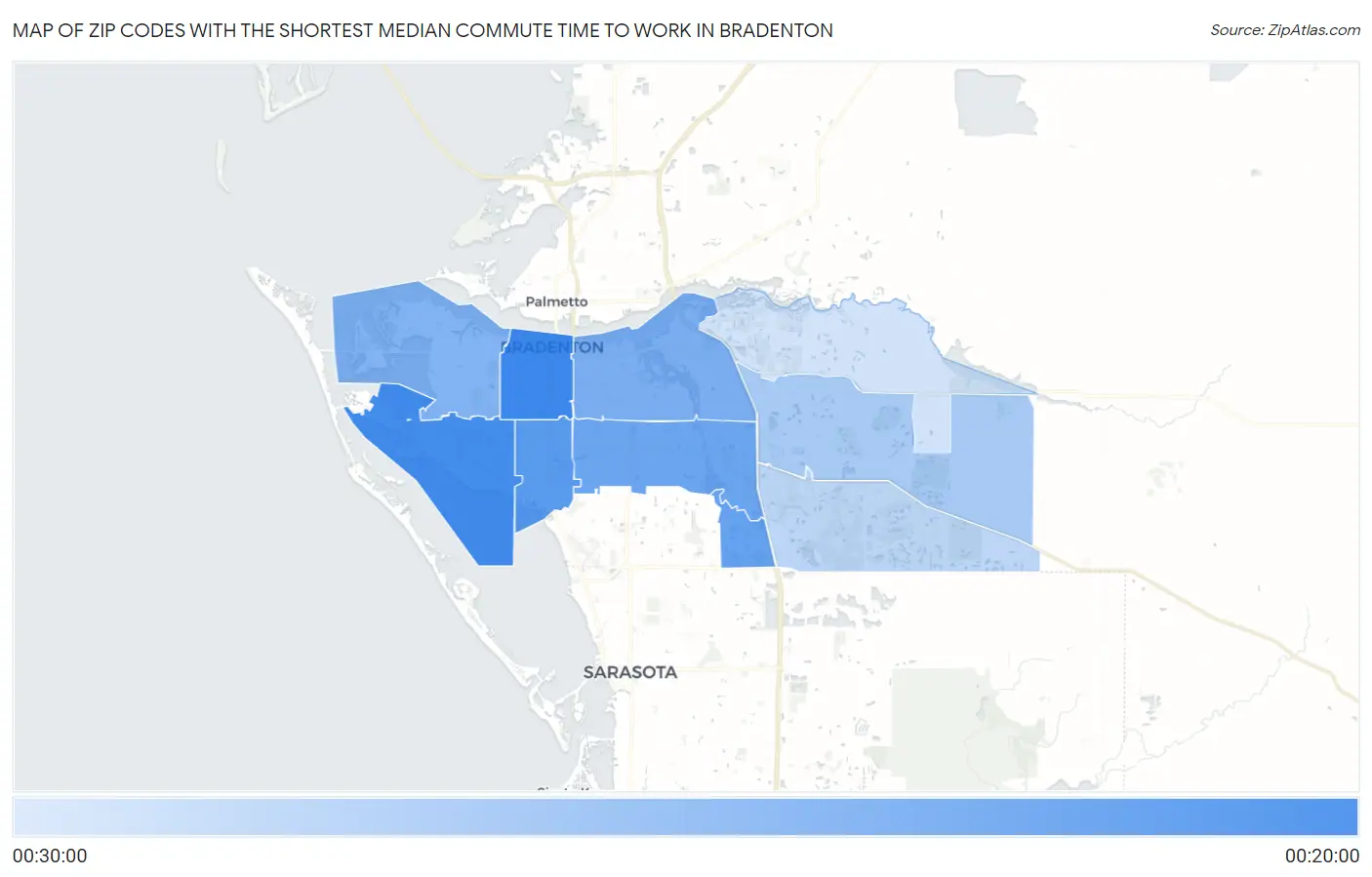 Zip Codes with the Shortest Median Commute Time to Work in Bradenton Map