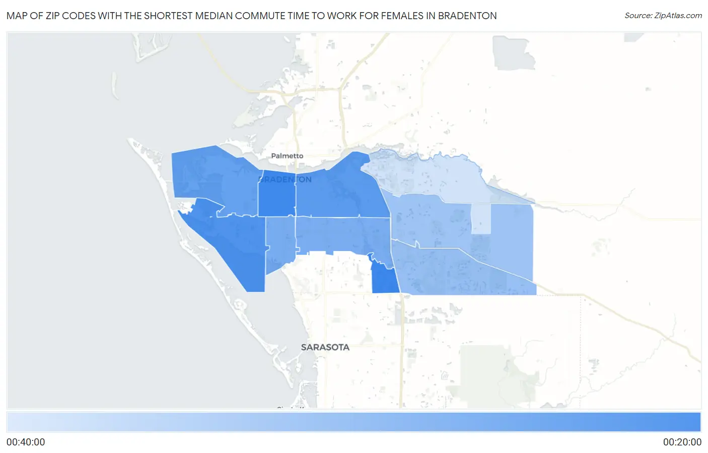 Zip Codes with the Shortest Median Commute Time to Work for Females in Bradenton Map