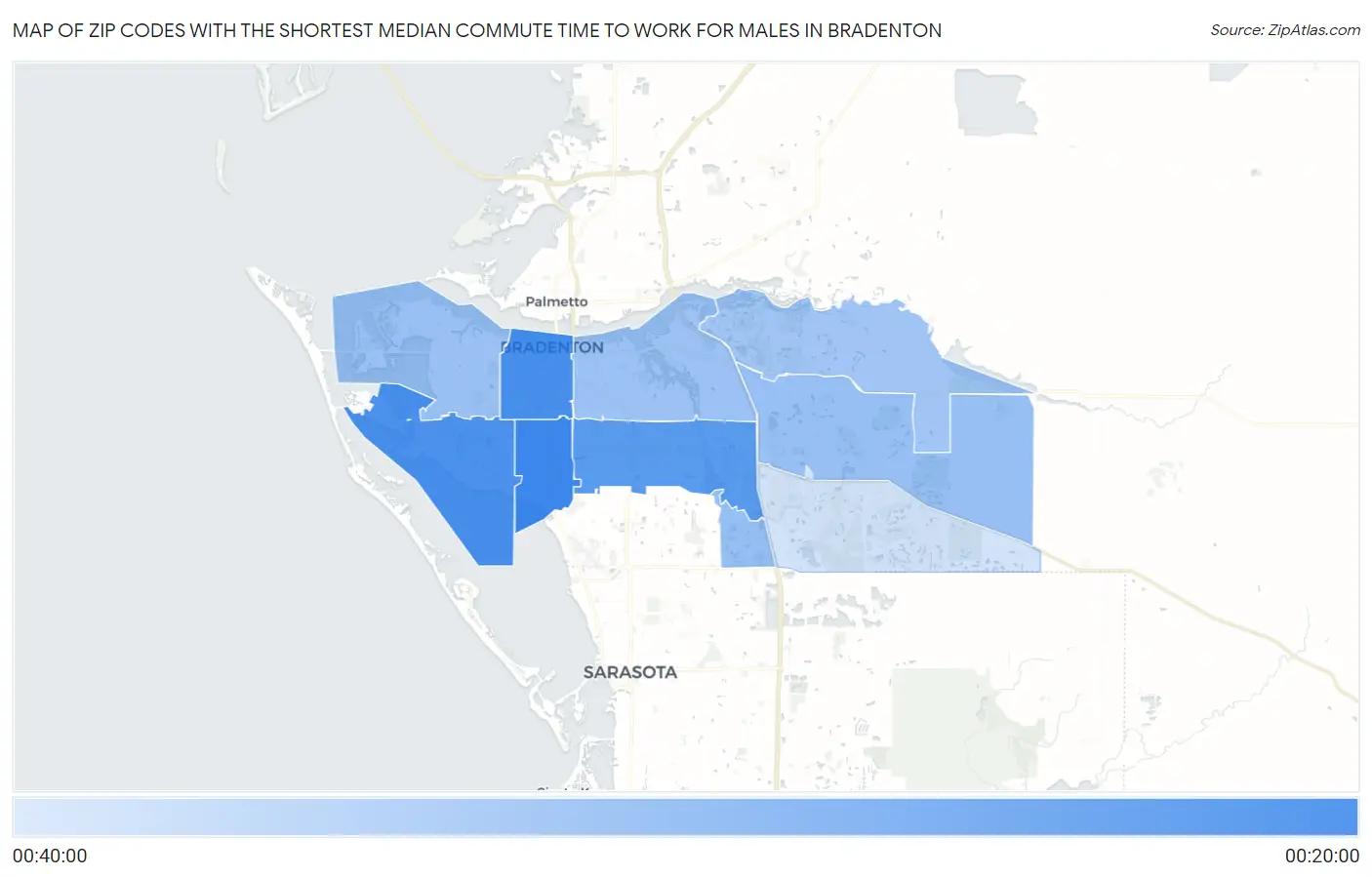 Zip Codes with the Shortest Median Commute Time to Work for Males in Bradenton Map