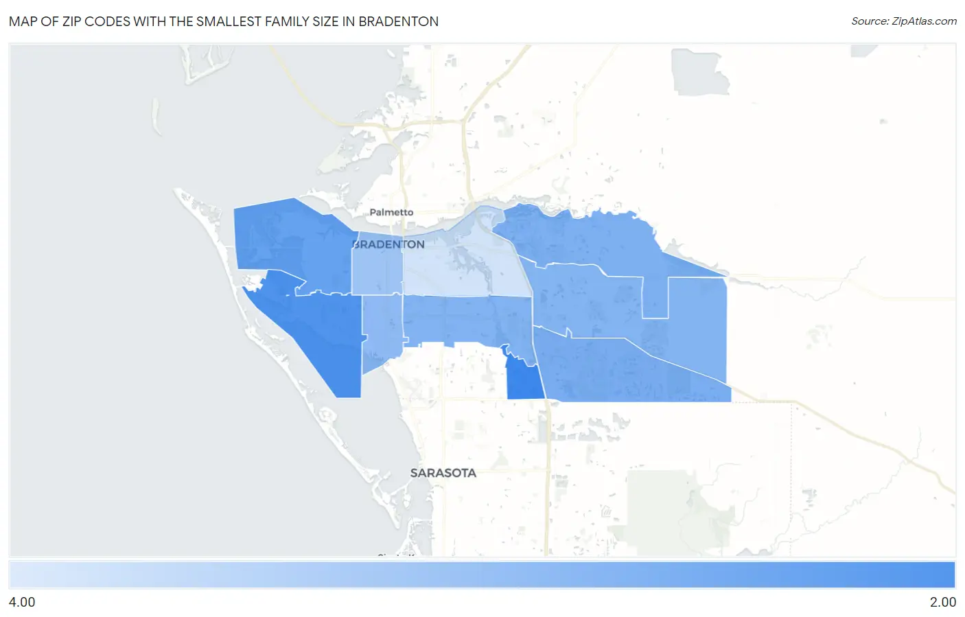 Zip Codes with the Smallest Family Size in Bradenton Map