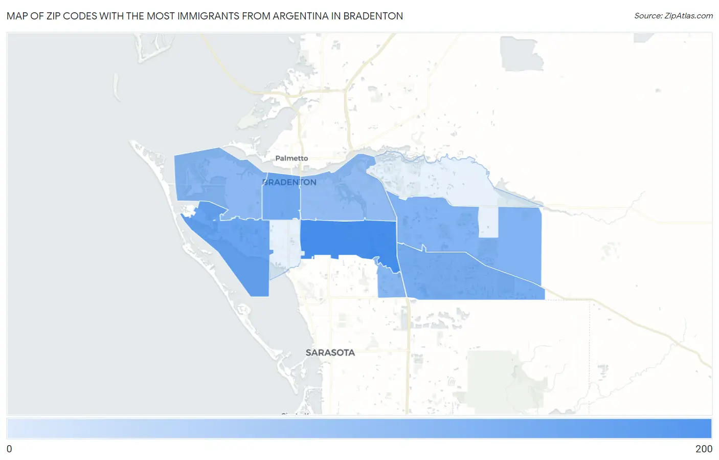 Zip Codes with the Most Immigrants from Argentina in Bradenton Map