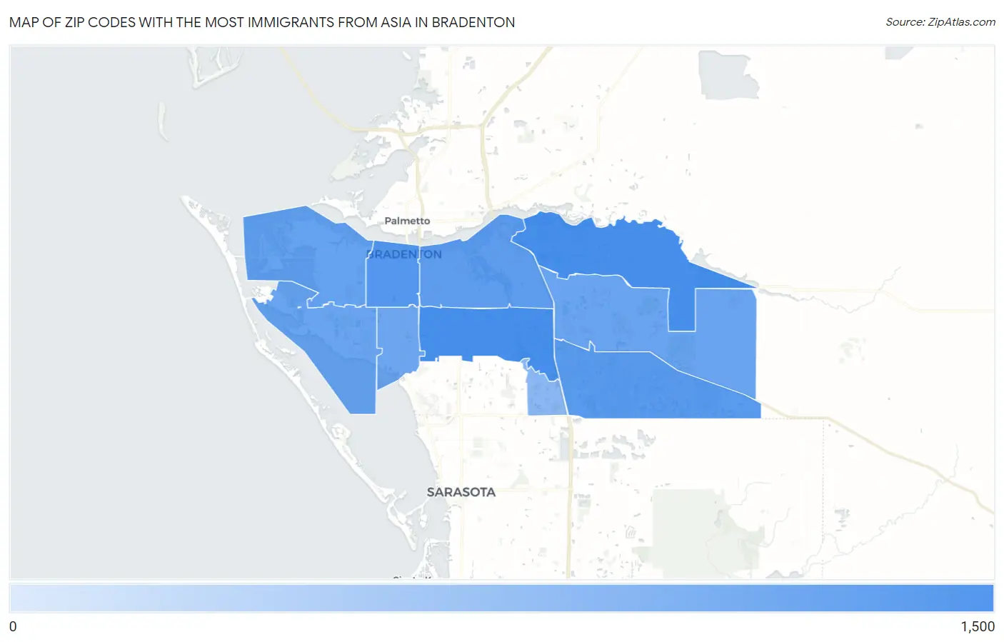 Zip Codes with the Most Immigrants from Asia in Bradenton Map