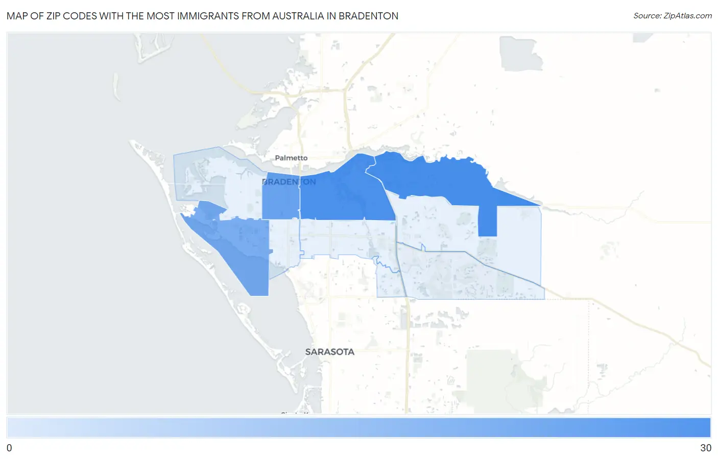 Zip Codes with the Most Immigrants from Australia in Bradenton Map