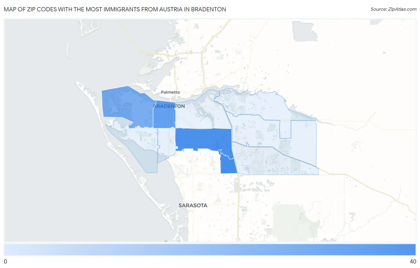 Zip Codes with the Most Immigrants from Austria in Bradenton Map