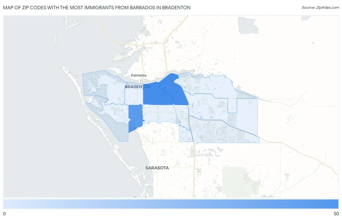 Zip Codes with the Most Immigrants from Barbados in Bradenton Map