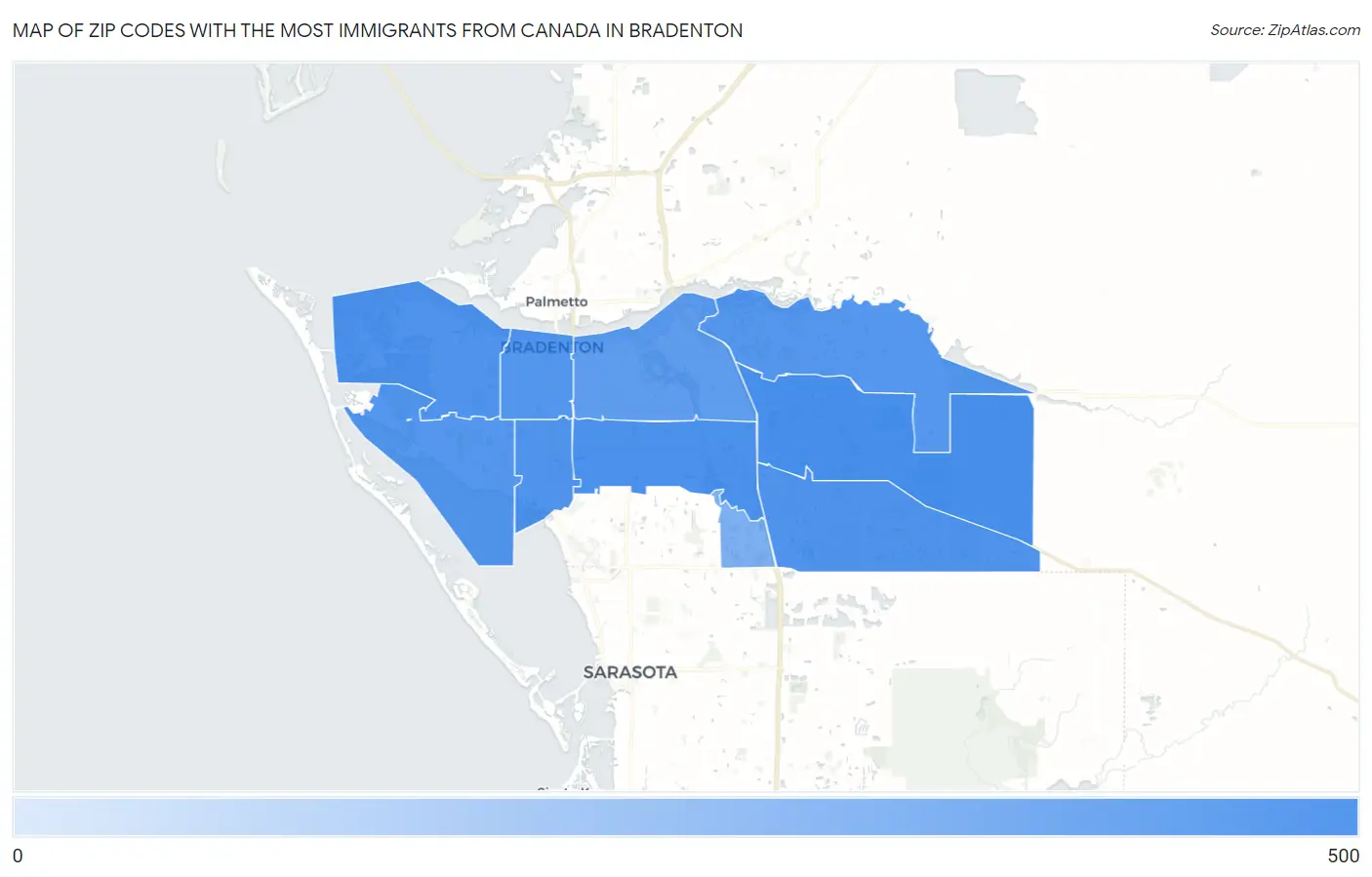 Zip Codes with the Most Immigrants from Canada in Bradenton Map