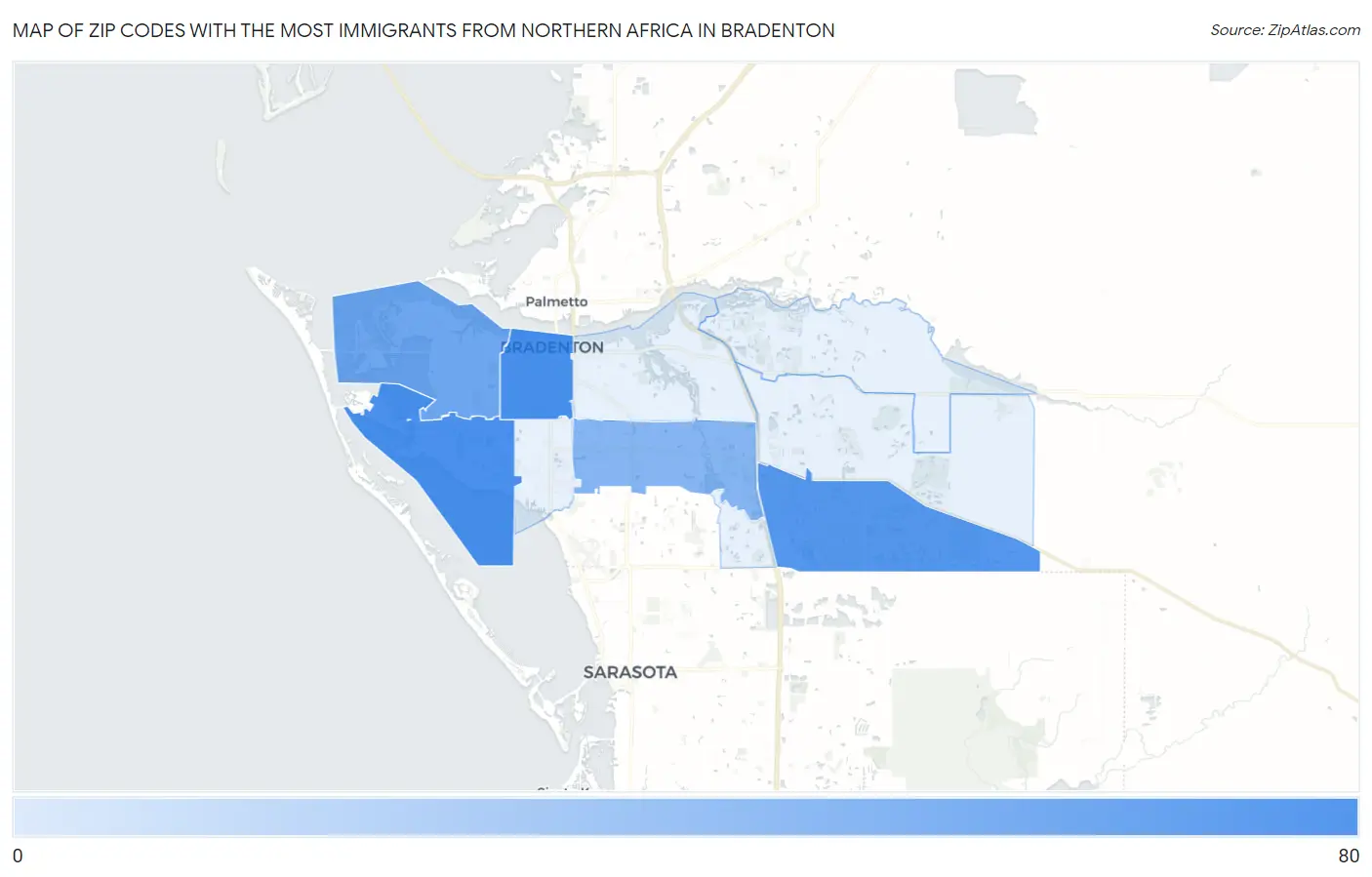 Zip Codes with the Most Immigrants from Northern Africa in Bradenton Map