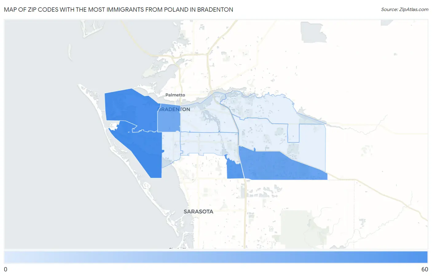 Zip Codes with the Most Immigrants from Poland in Bradenton Map