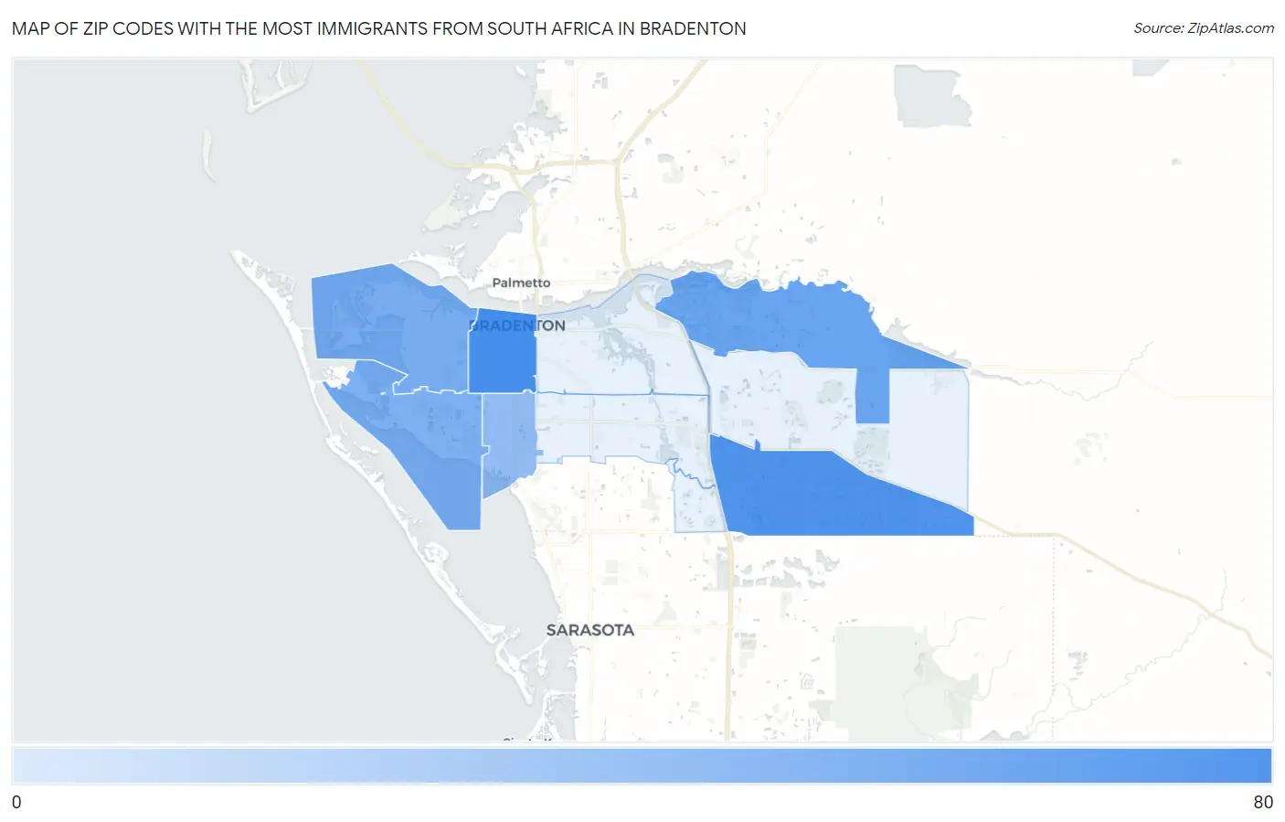 Zip Codes with the Most Immigrants from South Africa in Bradenton Map
