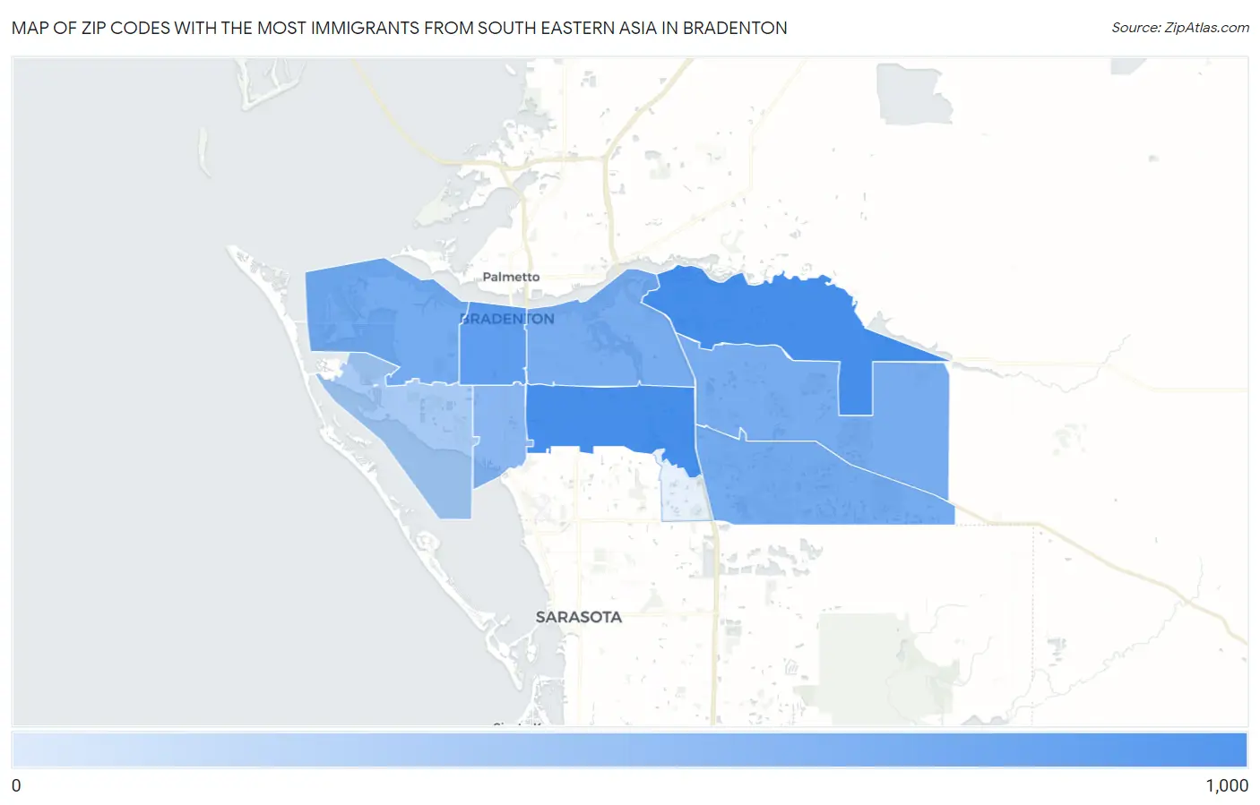 Zip Codes with the Most Immigrants from South Eastern Asia in Bradenton Map