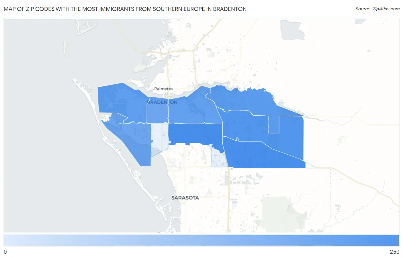 Zip Codes with the Most Immigrants from Southern Europe in Bradenton Map