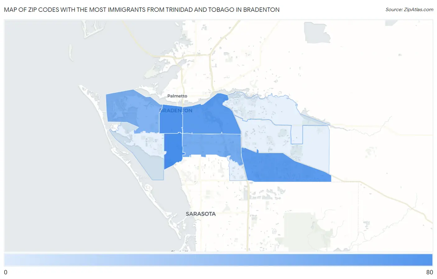 Zip Codes with the Most Immigrants from Trinidad and Tobago in Bradenton Map