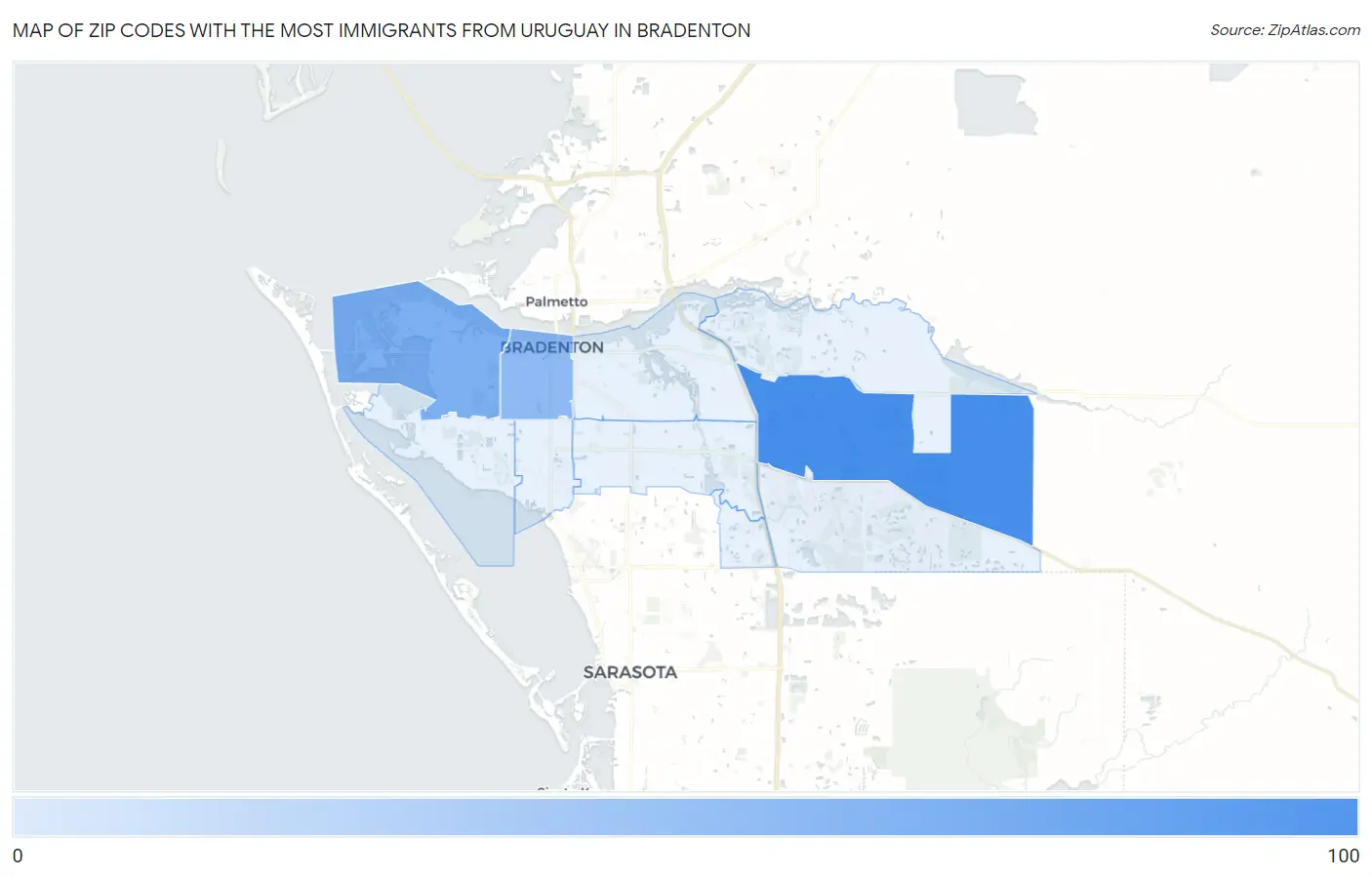 Zip Codes with the Most Immigrants from Uruguay in Bradenton Map