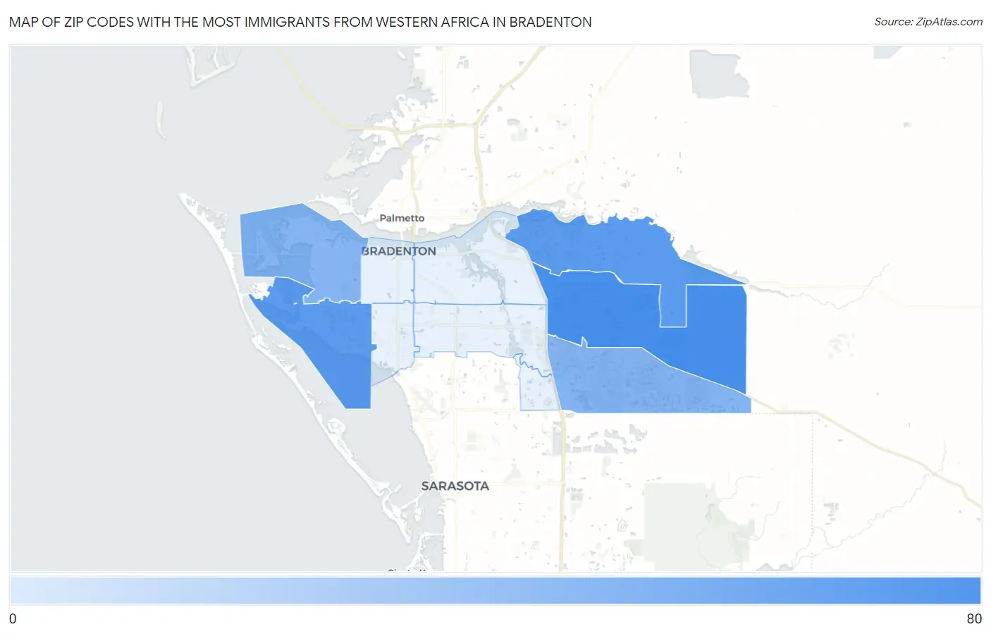 Zip Codes with the Most Immigrants from Western Africa in Bradenton Map