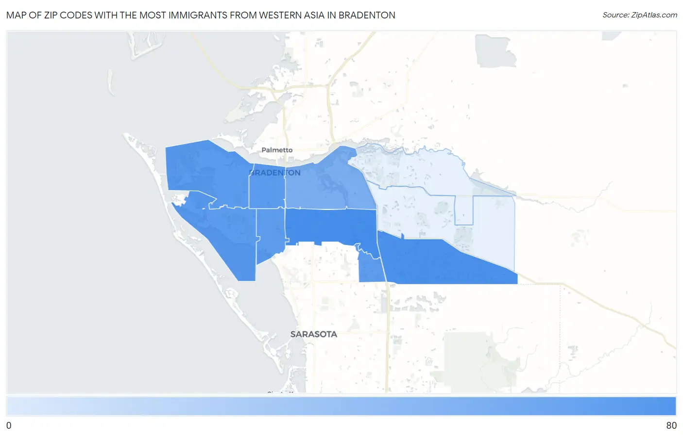 Zip Codes with the Most Immigrants from Western Asia in Bradenton Map