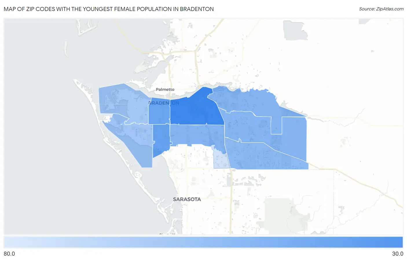 Zip Codes with the Youngest Female Population in Bradenton Map