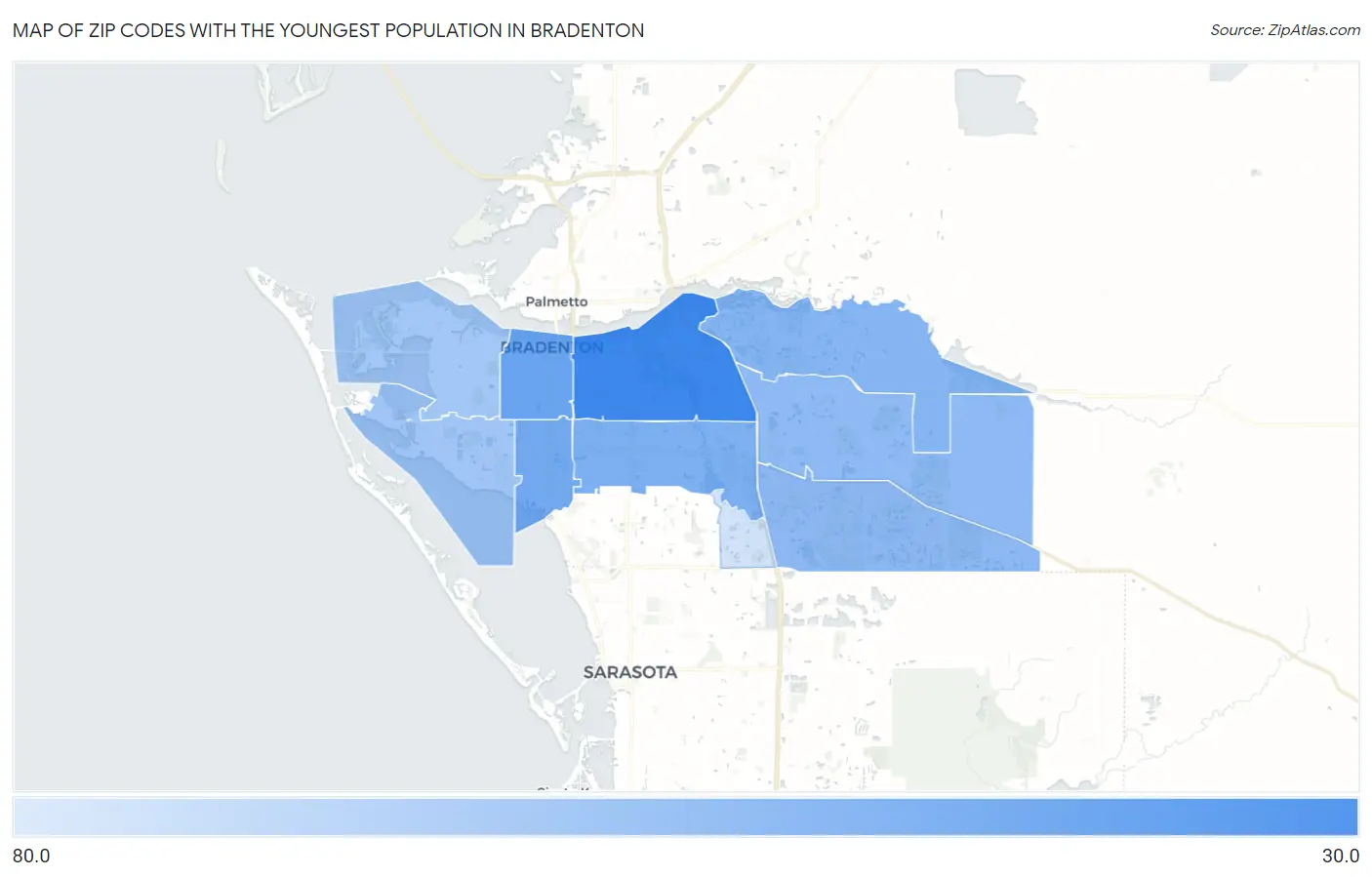 Zip Codes with the Youngest Population in Bradenton Map