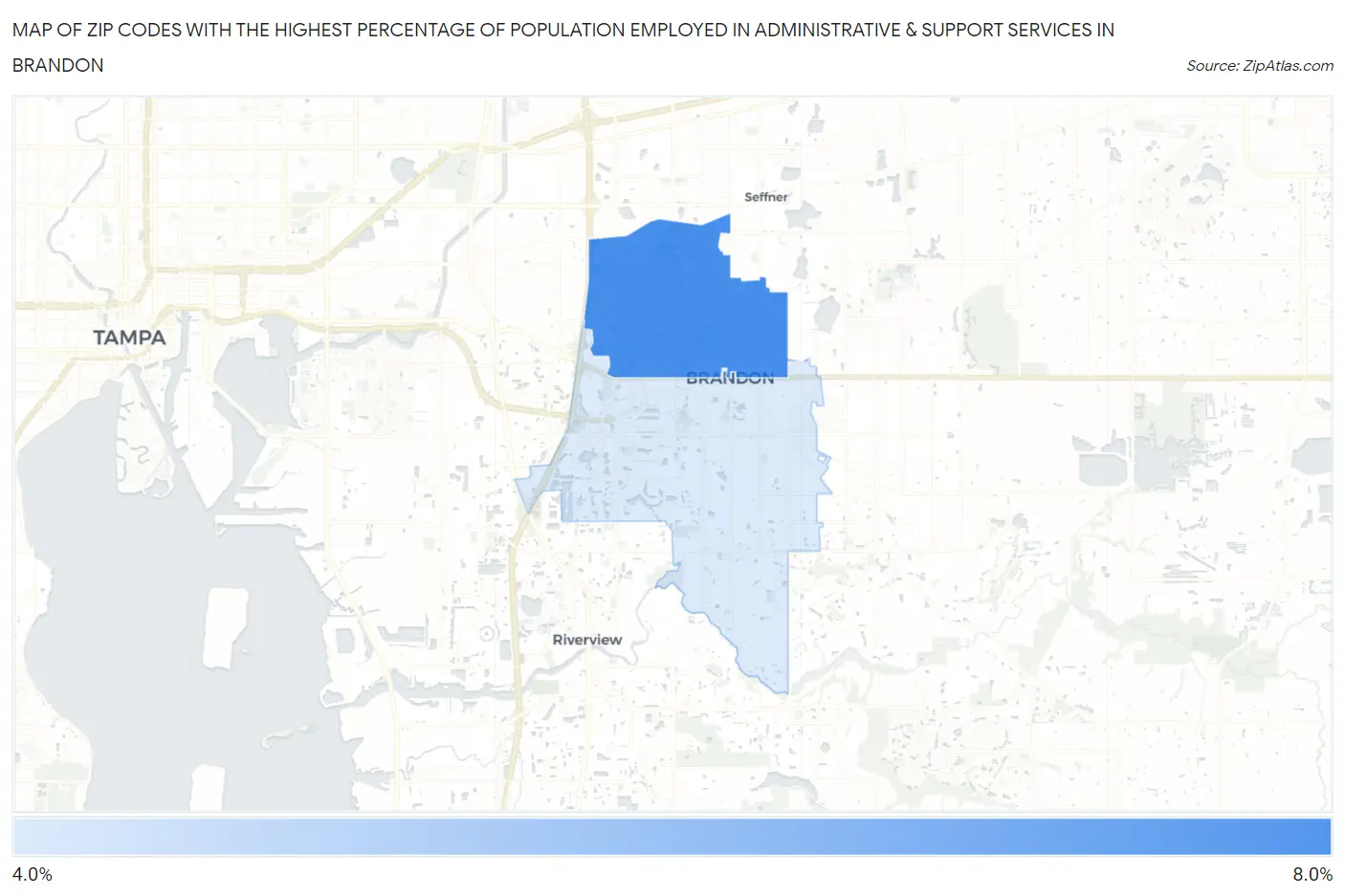 Zip Codes with the Highest Percentage of Population Employed in Administrative & Support Services in Brandon Map