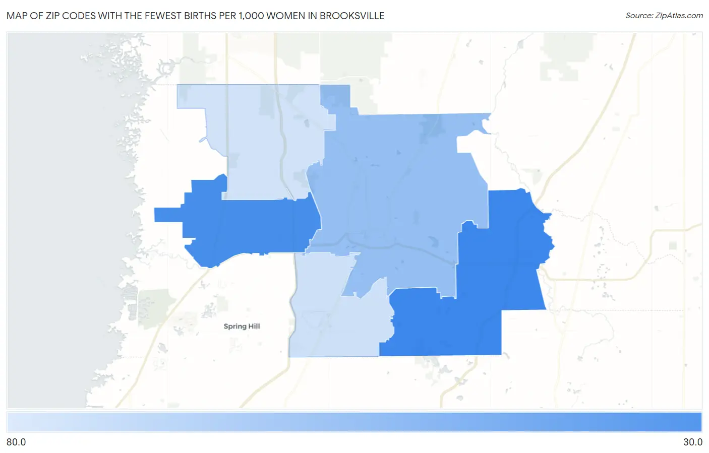 Zip Codes with the Fewest Births per 1,000 Women in Brooksville Map