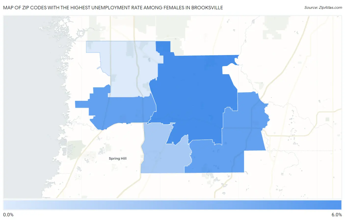 Zip Codes with the Highest Unemployment Rate Among Females in Brooksville Map