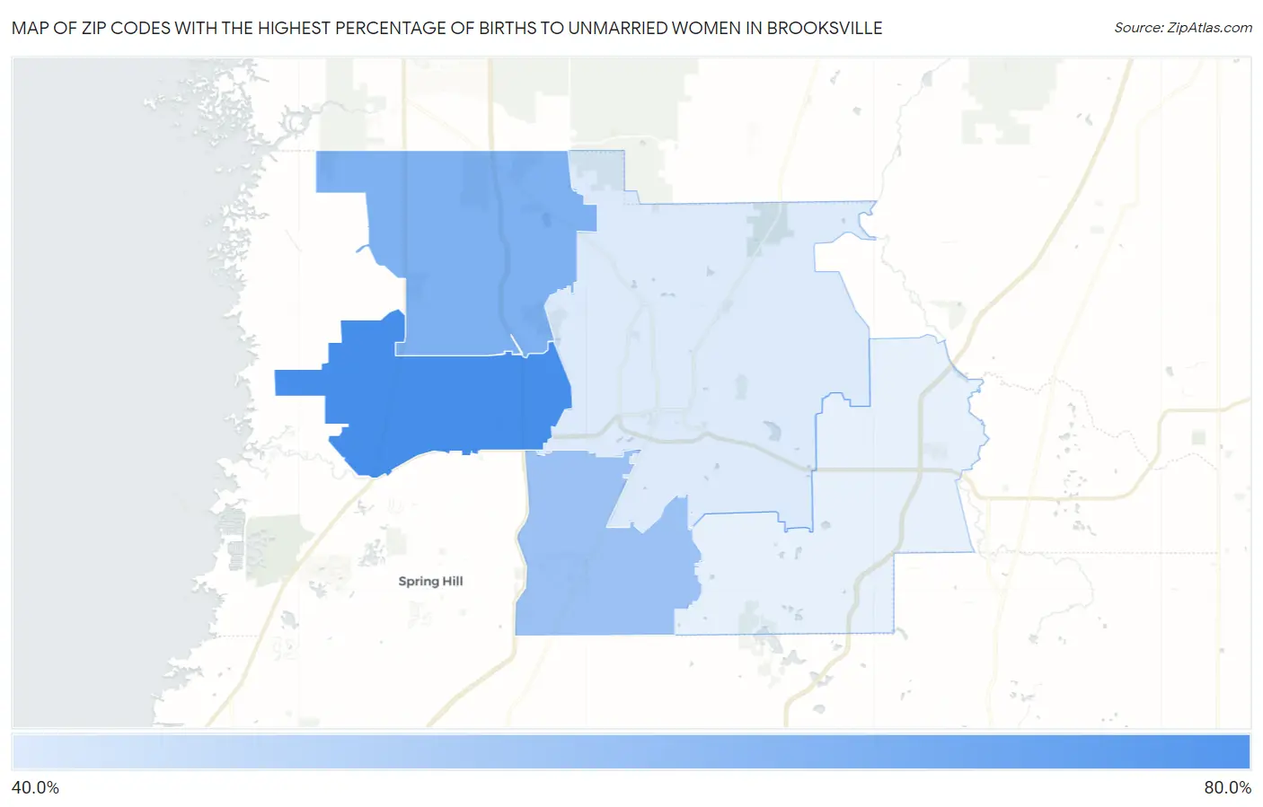 Zip Codes with the Highest Percentage of Births to Unmarried Women in Brooksville Map