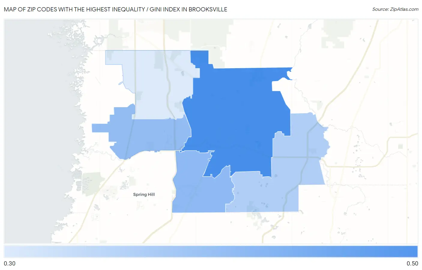 Zip Codes with the Highest Inequality / Gini Index in Brooksville Map