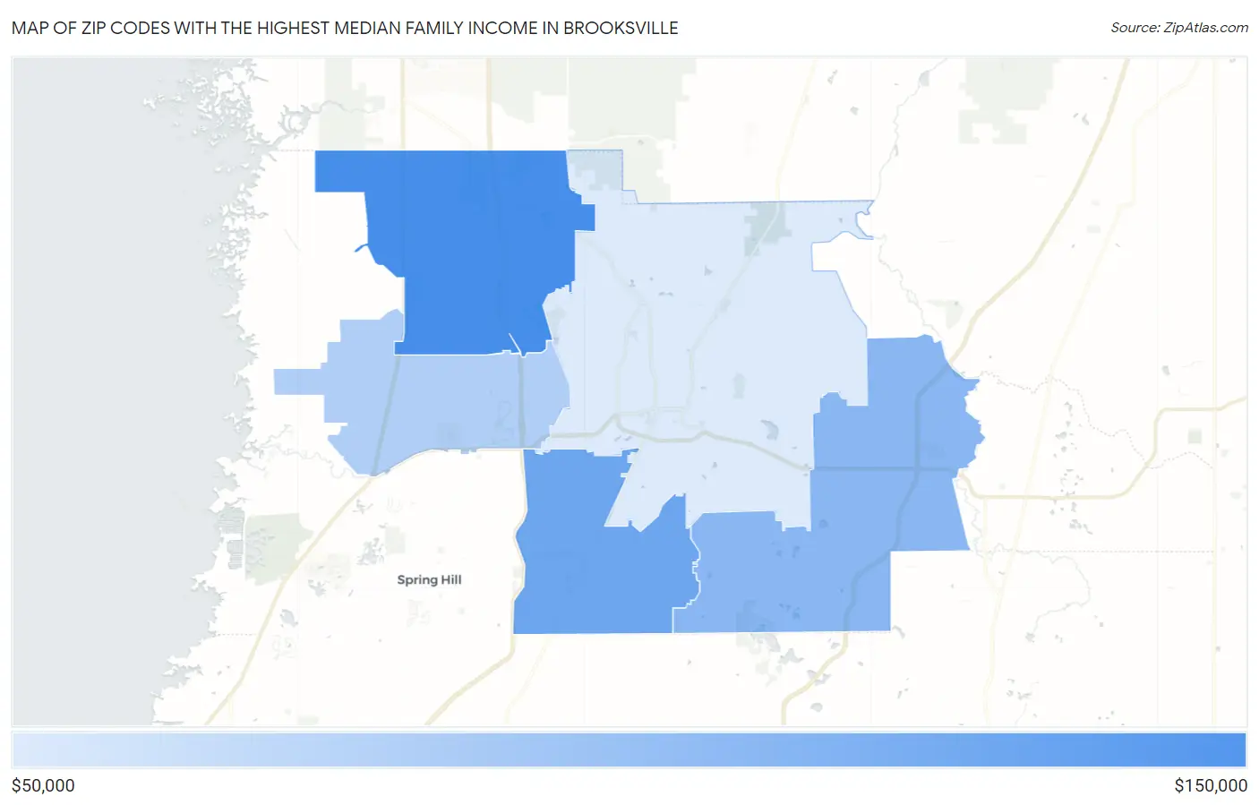 Zip Codes with the Highest Median Family Income in Brooksville Map