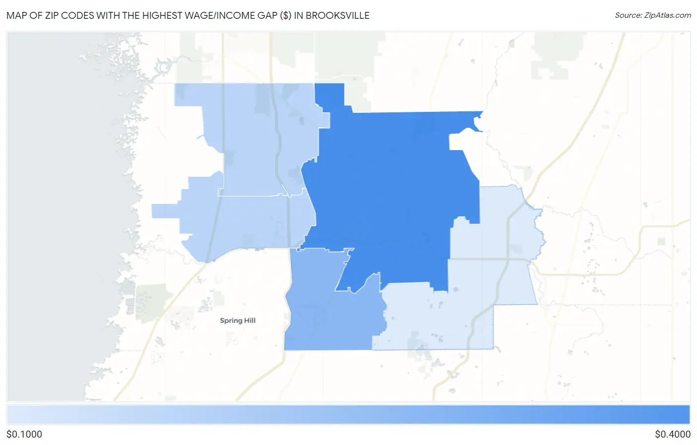 Zip Codes with the Highest Wage/Income Gap ($) in Brooksville Map