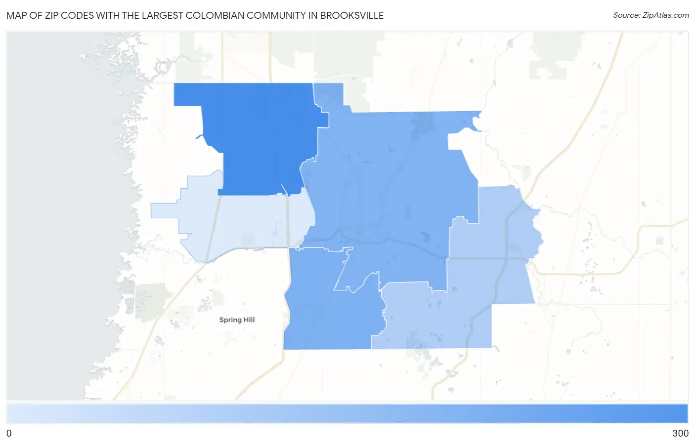 Zip Codes with the Largest Colombian Community in Brooksville Map