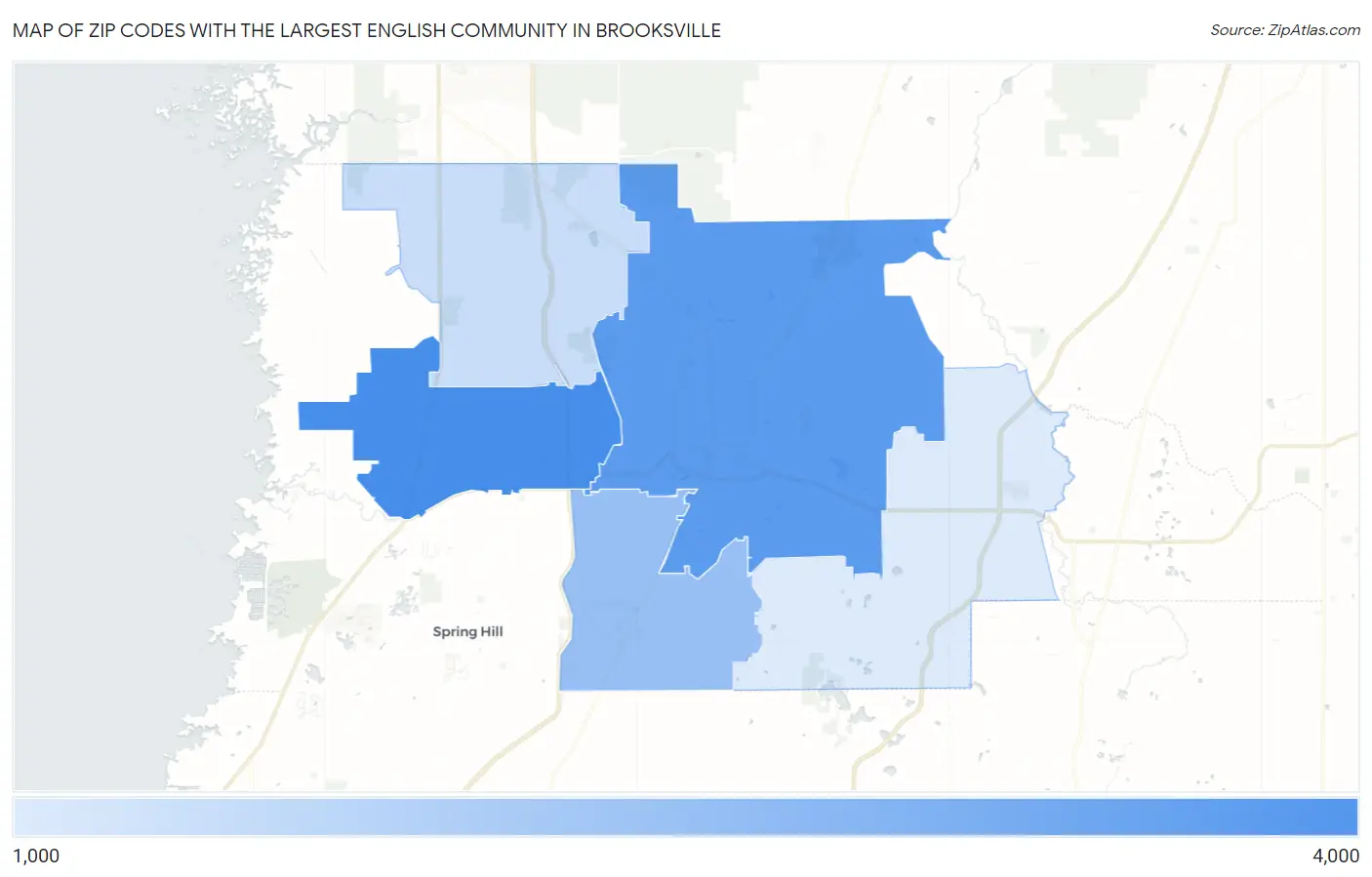 Zip Codes with the Largest English Community in Brooksville Map