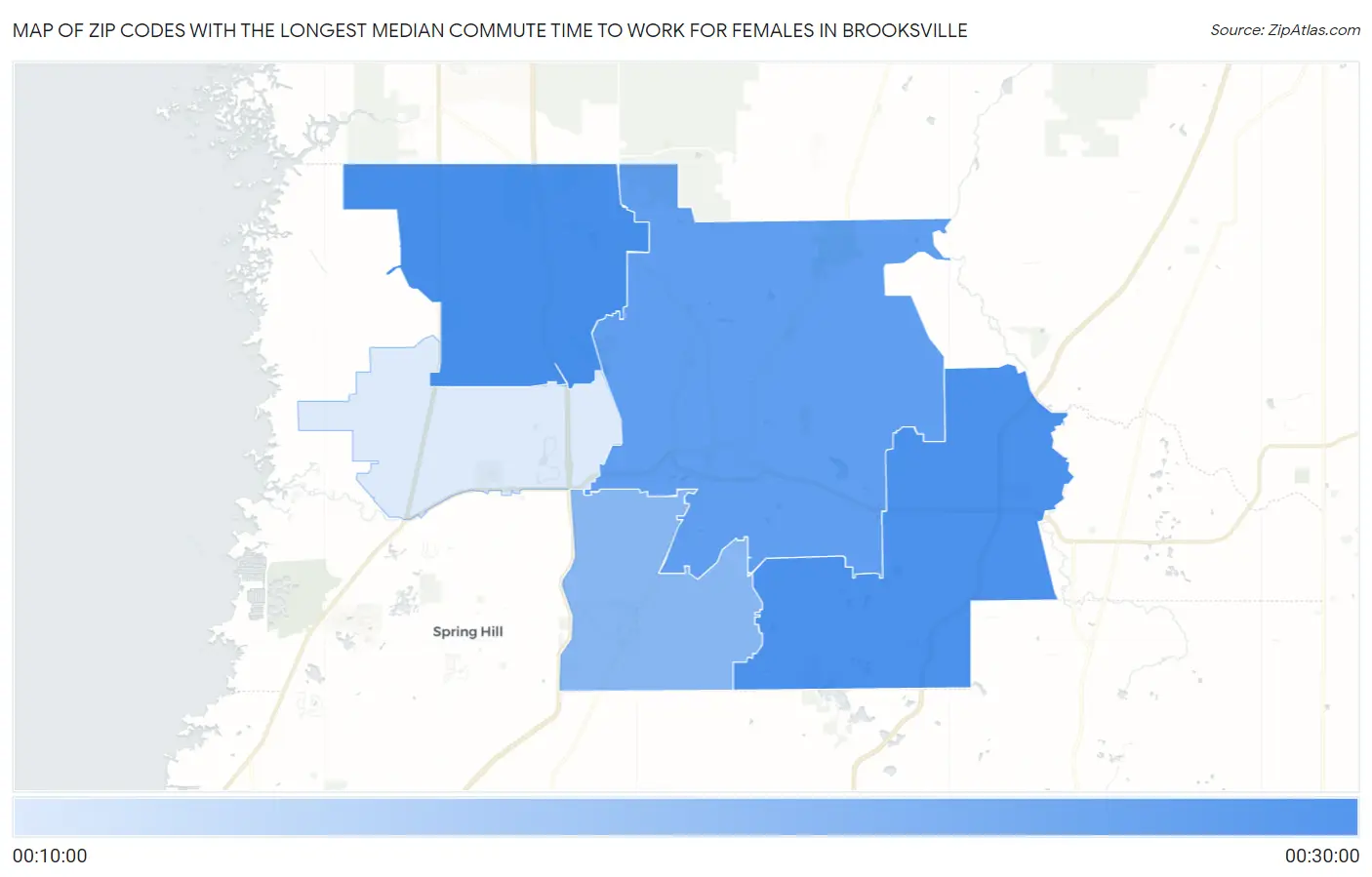 Zip Codes with the Longest Median Commute Time to Work for Females in Brooksville Map