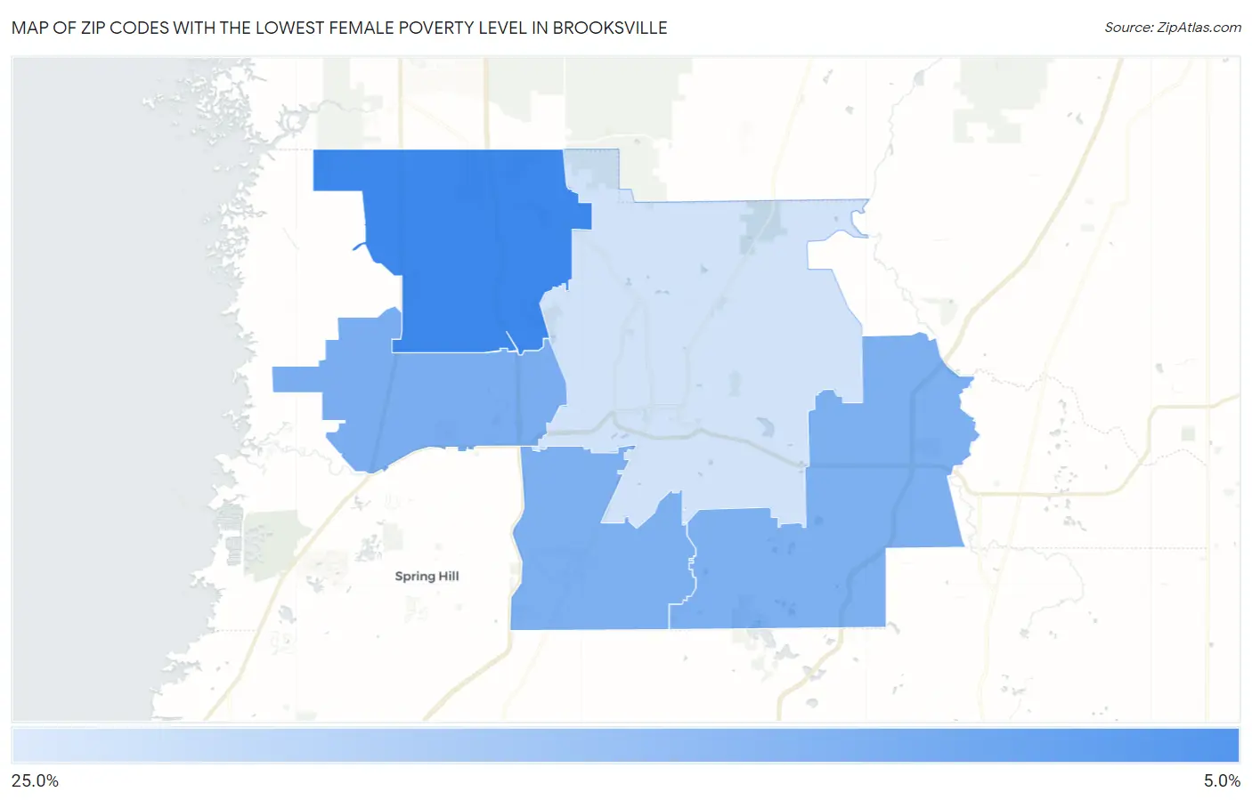 Zip Codes with the Lowest Female Poverty Level in Brooksville Map