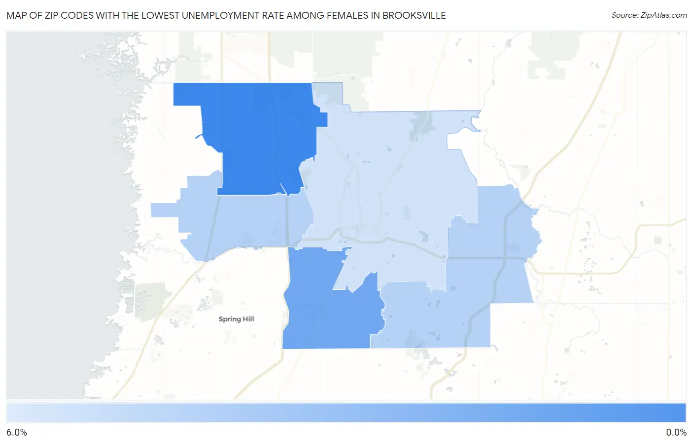 Zip Codes with the Lowest Unemployment Rate Among Females in Brooksville Map