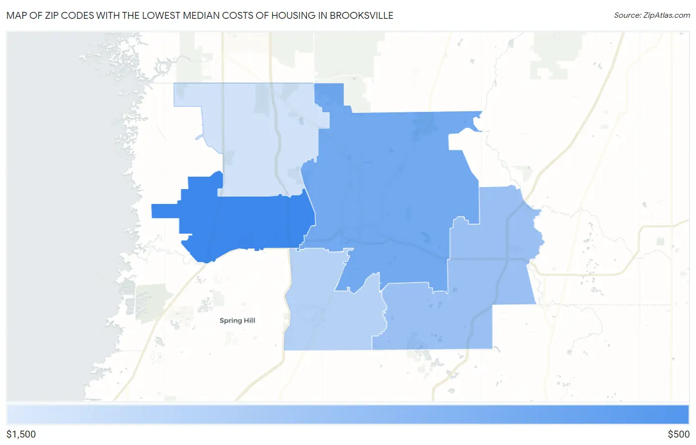 Zip Codes with the Lowest Median Costs of Housing in Brooksville Map