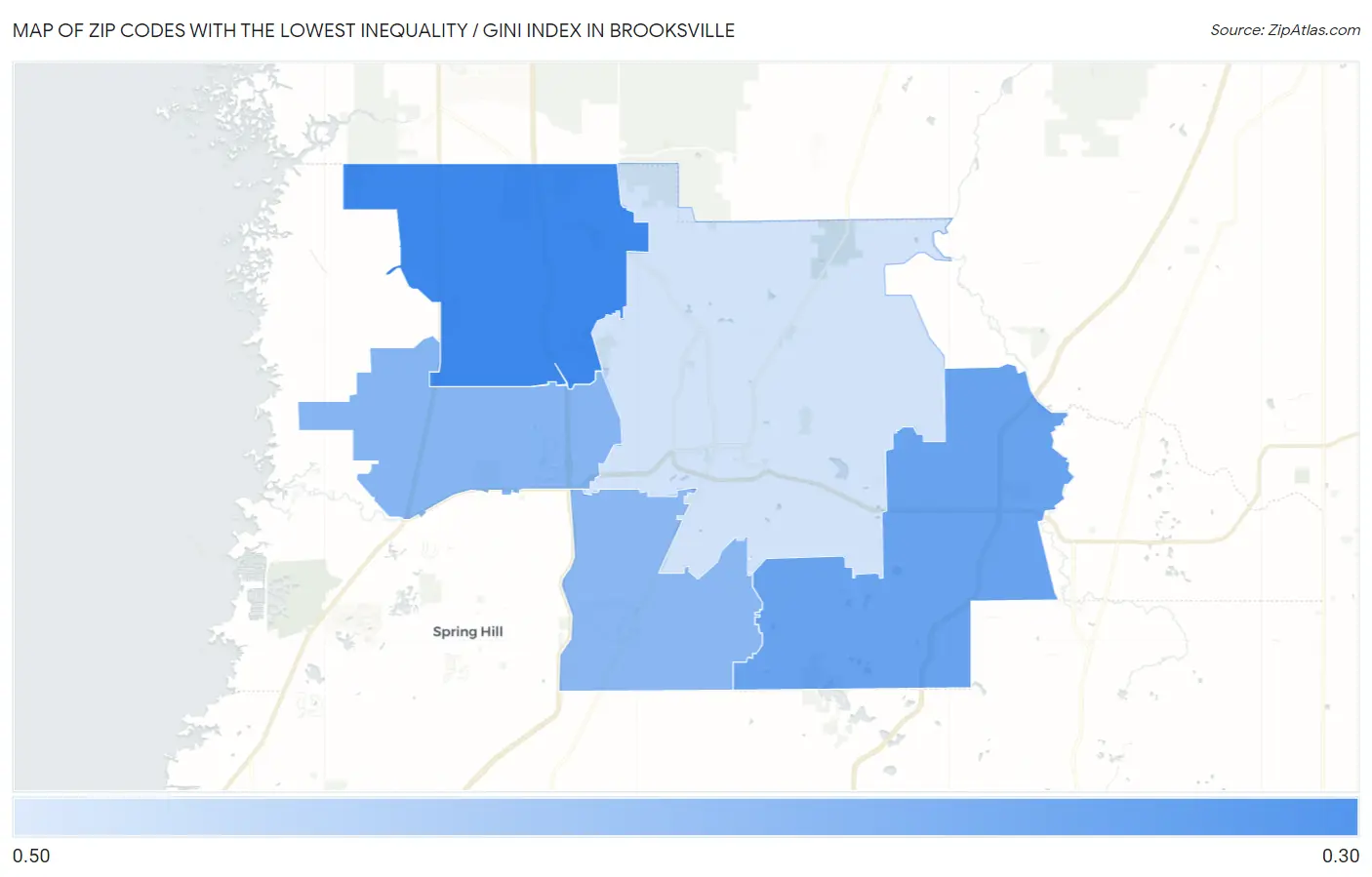 Zip Codes with the Lowest Inequality / Gini Index in Brooksville Map