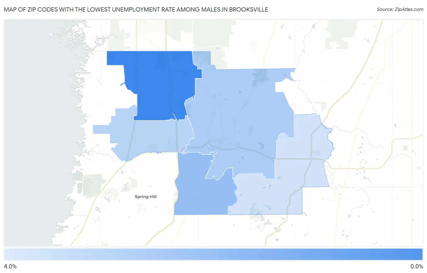 Zip Codes with the Lowest Unemployment Rate Among Males in Brooksville Map